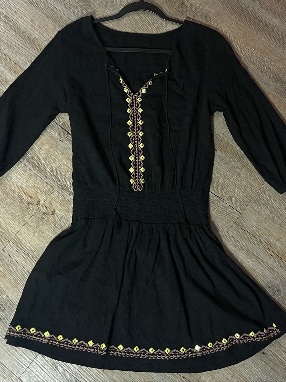 Boho Black Mini Dress with Mirror Embroidery – 3/4 Sleeve